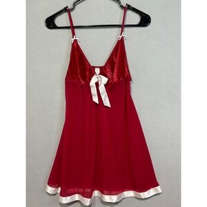 Red Mesh Babydoll Chemise Lingerie Womens Size Medium Velvet Trim Nighty